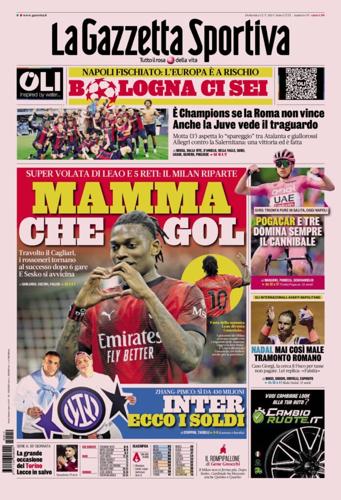 Prima Pagina Gazzetta dello Sport domenica 12 maggio