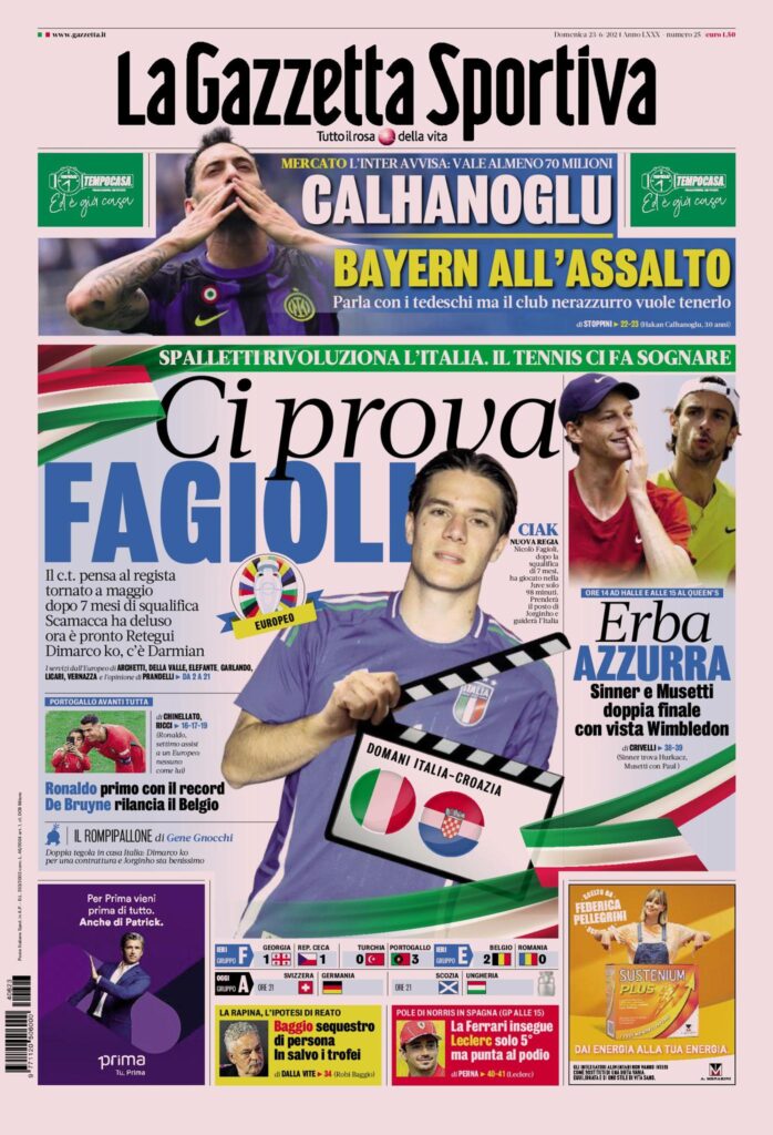 Prima Pagina Gazzetta dello Sport 23 giugno