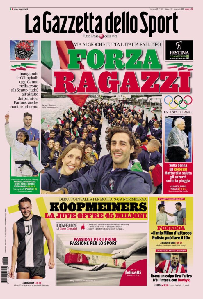 Prima Pagina Gazzetta dello Sport 27 luglio