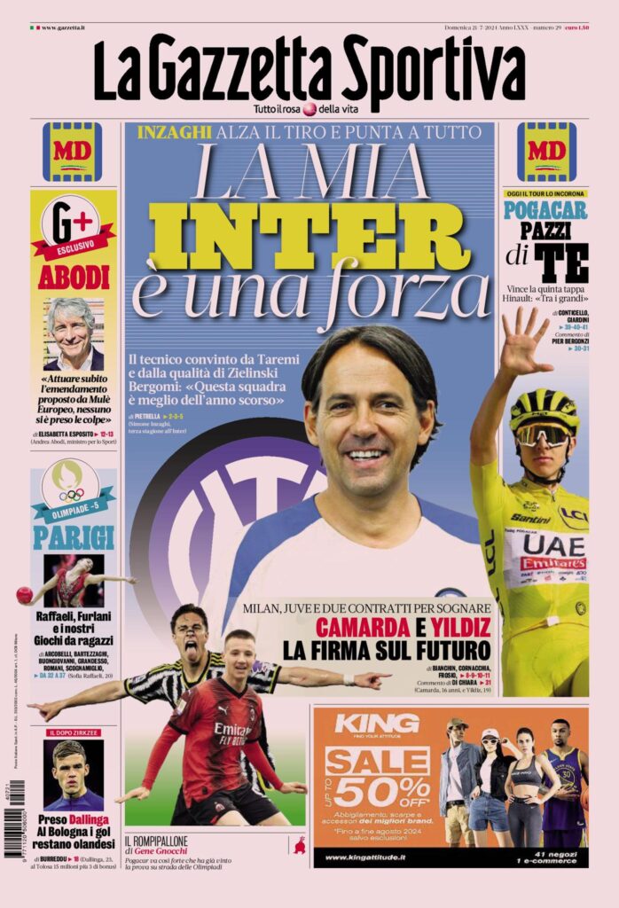 Prima Pagina Gazzetta dello Sport 21 luglio