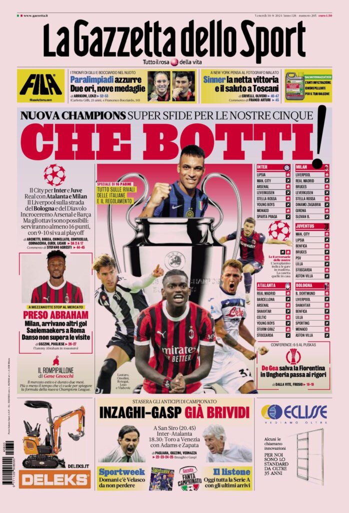 Prima Pagina Gazzetta 30 agosto