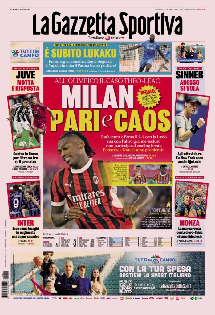 Prima Pagina Gazzetta dello Sport 1° settembre