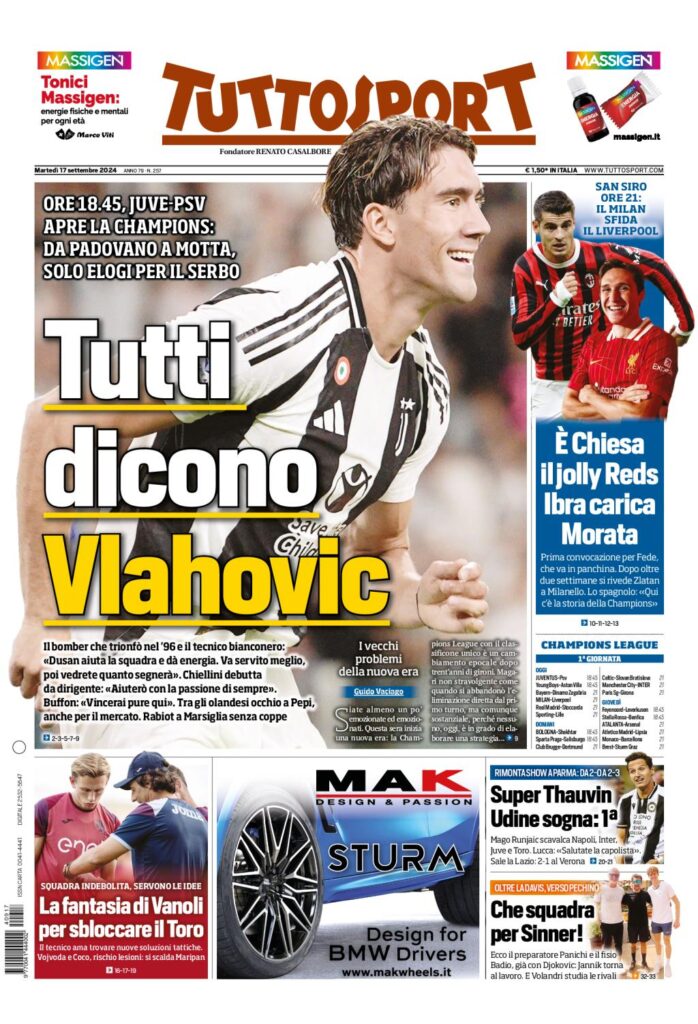 Prima Pagina Tuttosport 17 settembre