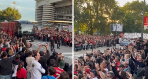 La Curva Sud e tifosi accolgono il pullman del Milan a San Siro | VIDEO (screen Gazzetta.it)