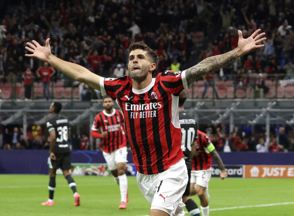 esultanza gol Christian Pulisic AC Milan Milan-Liverpool 1-3 Champions League 2024-2025