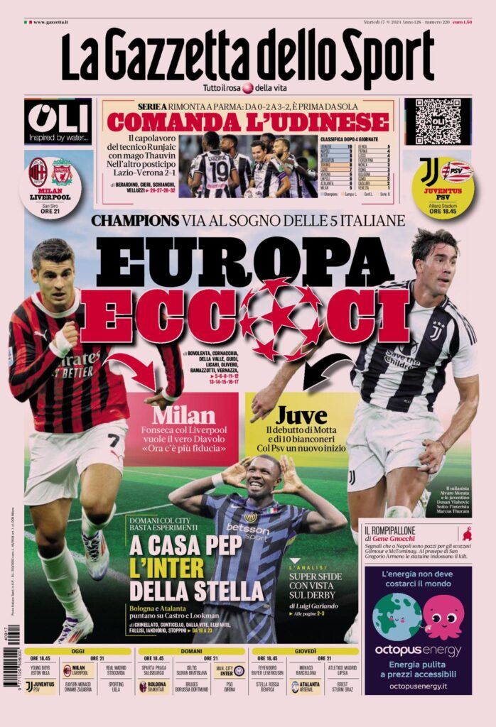 Prima Pagina Gazzetta dello Sport 17 settembre