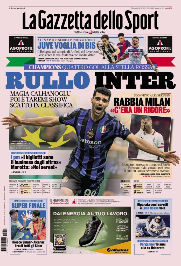 Prima Pagina Gazzetta dello Sport 2 ottobre