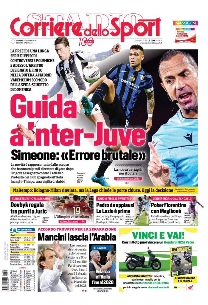 Prima Pagina Corriere dello Sport 25 ottobre