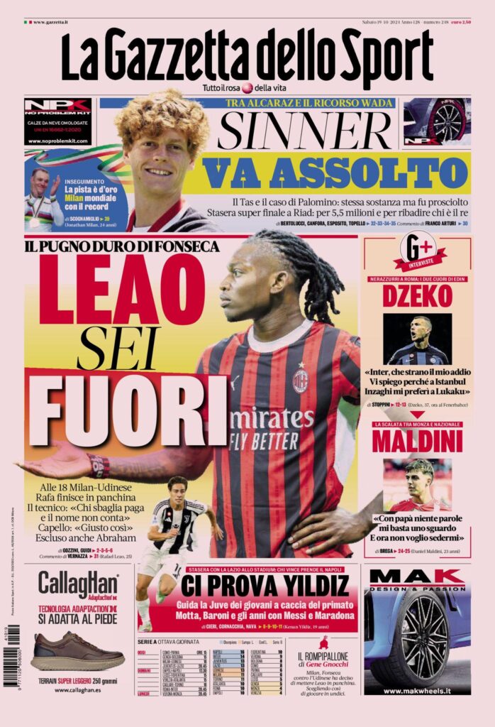 Prima Pagina Gazzetta dello Sport 19 ottobre