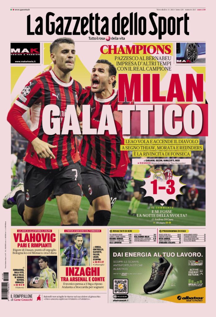 Prima Pagina Gazzetta dello Sport 6 novembre