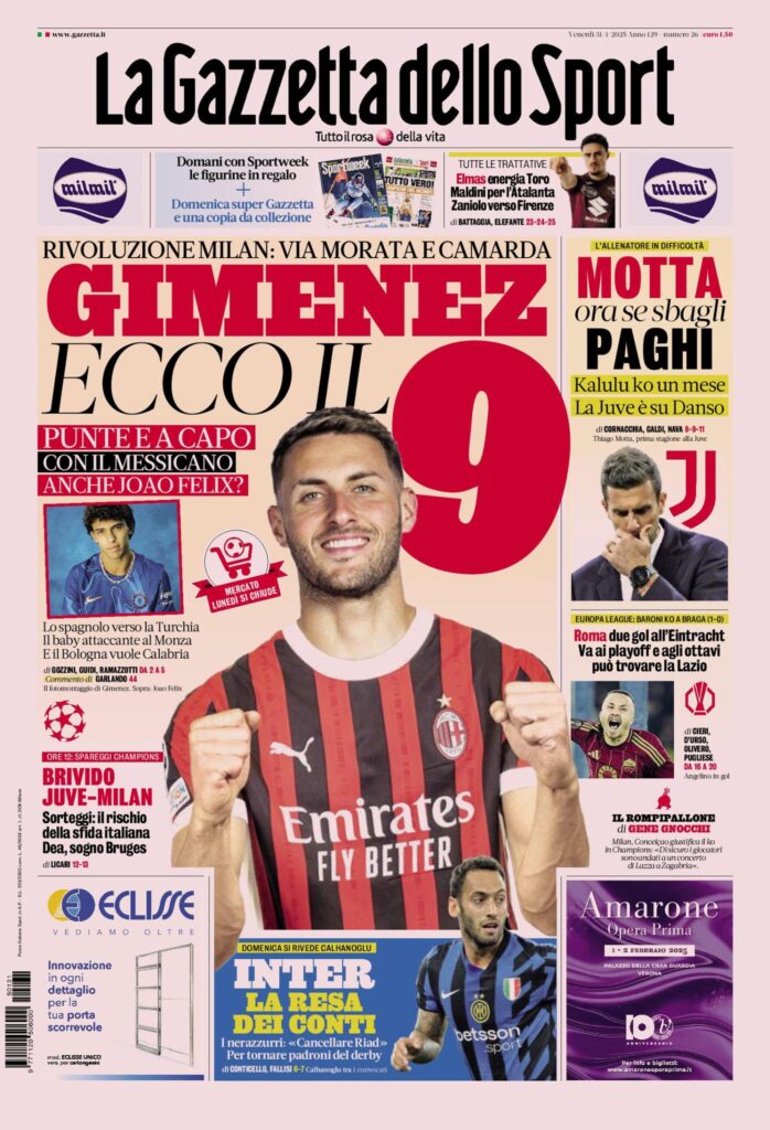 Prima Pagina Gazzetta dello Sport 31 gennaio