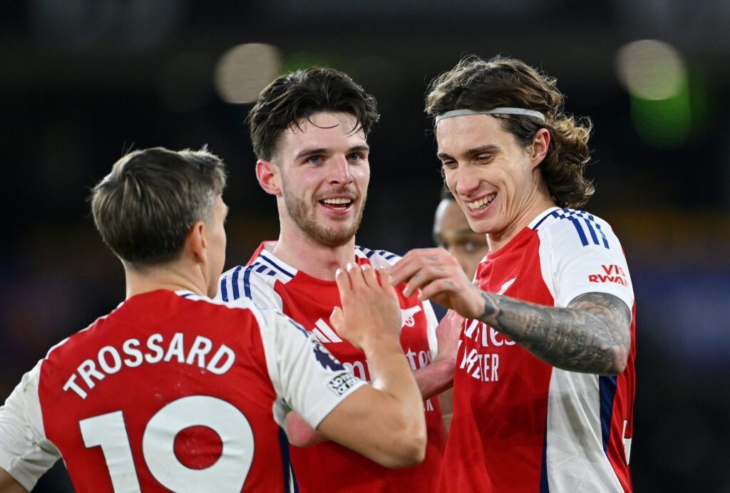 esultanza gol Riccardo Calafiori Wolverhampton-Arsenal 0-1 Premier League 2024-2025