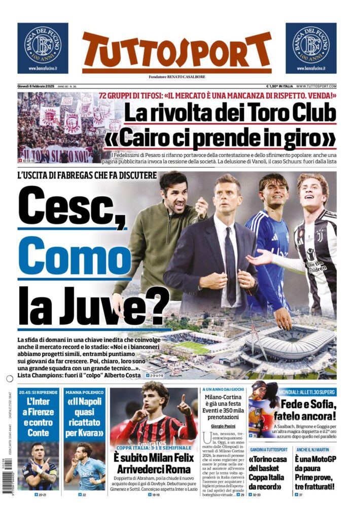 Prima Pagina Tuttosport 6 febbraio