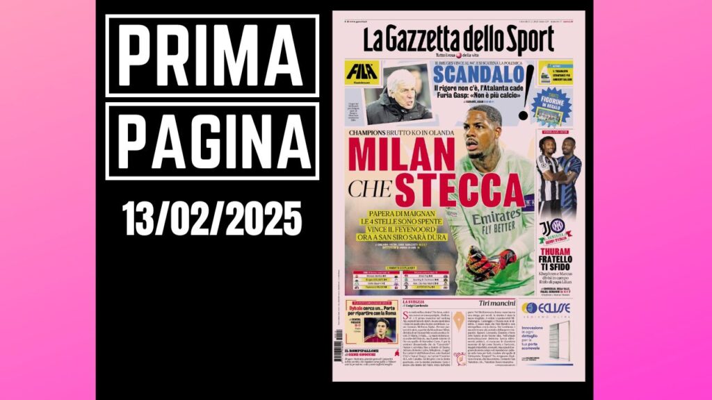 Prima Pagina Gazzetta dello Sport 13 febbraio