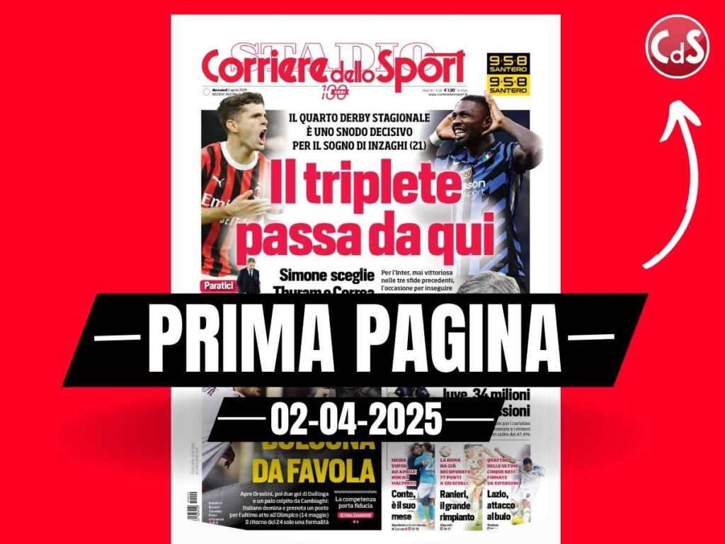 Prima pagina Corriere dello Sport: "Milan-Inter, il triplete passa da qui"