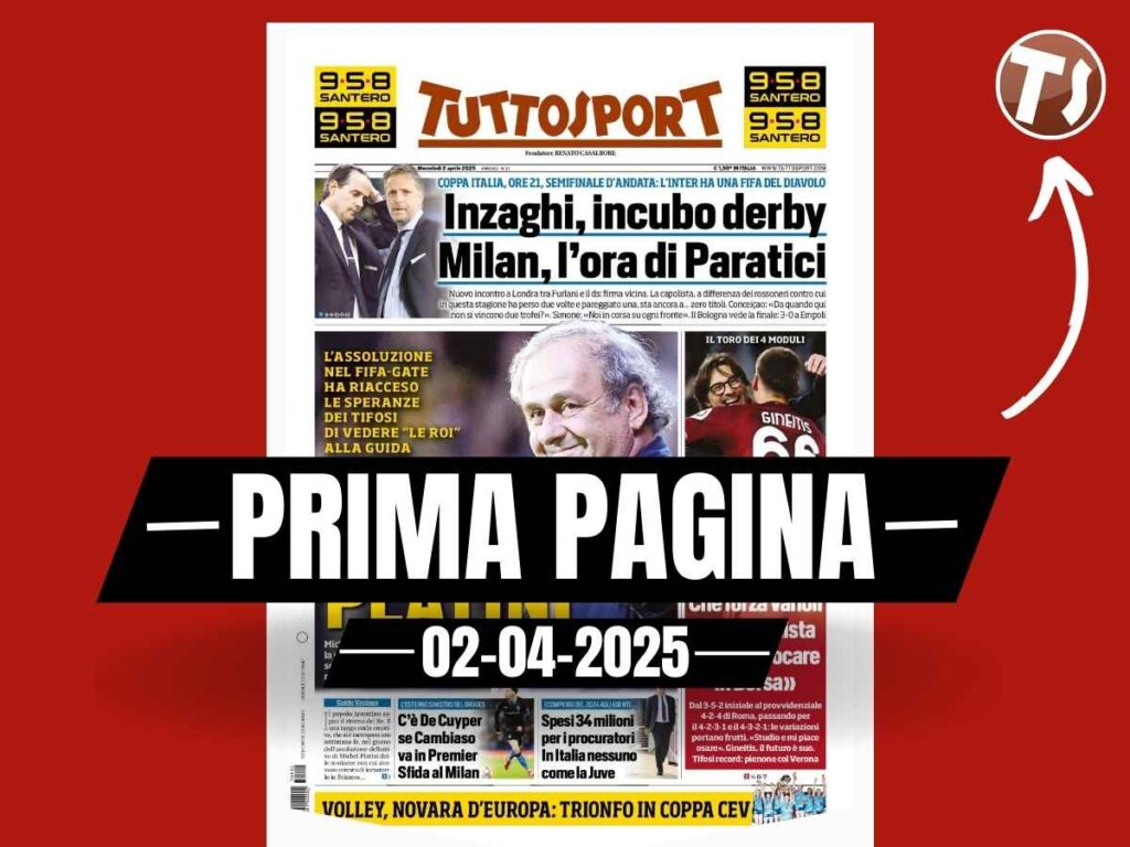 Prima pagina Tuttosport: "Inzaghi, incubo derby. Milan, l'ora di Paratici"