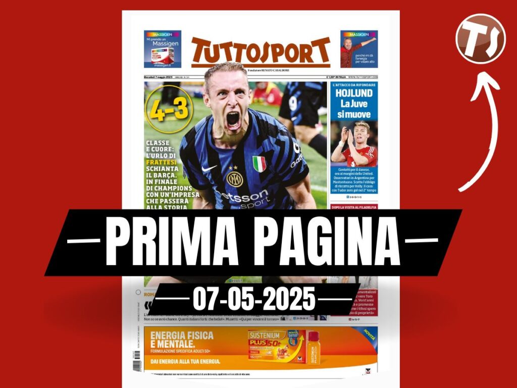 Prima pagina Tuttosport: "InterStellar, classe e cuore: 4-3 al Barça"