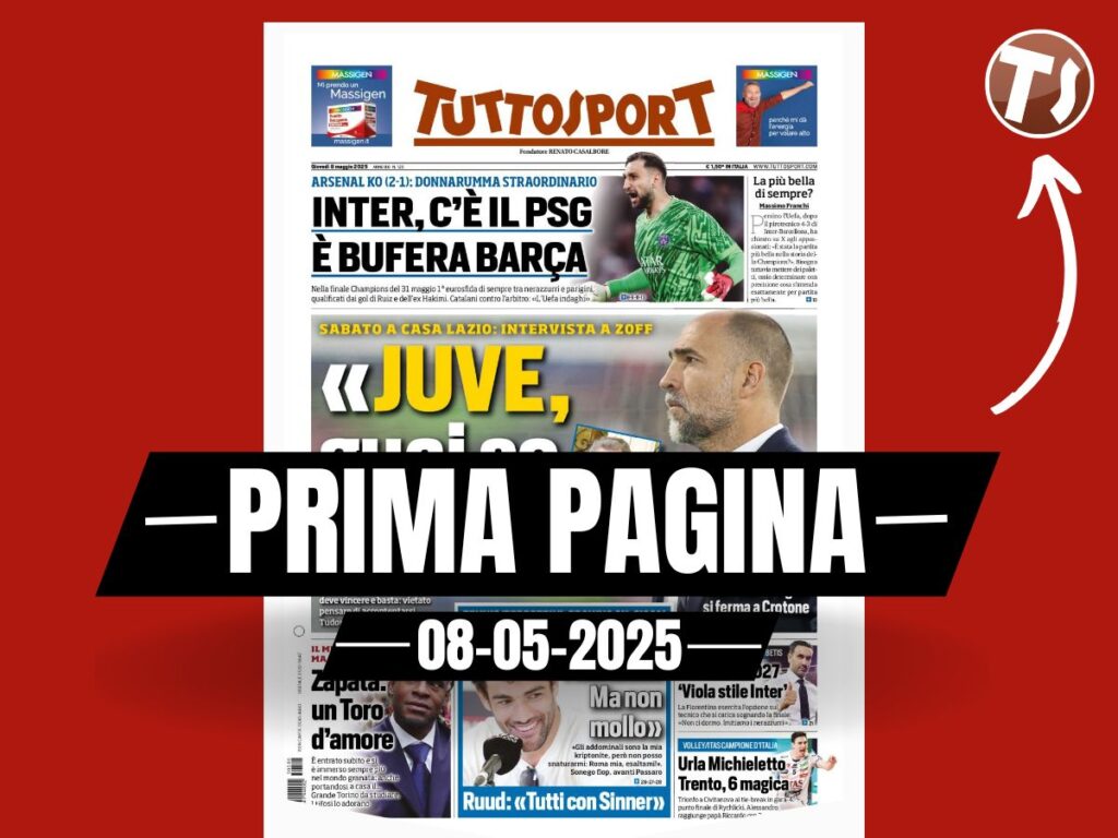 Prima pagina Tuttosport: "Zoff: 'Juve, guai se pareggi'. Inter, c'è il PSG"