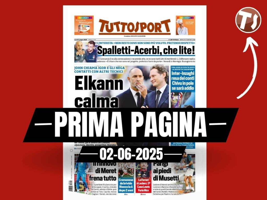 Prima pagina Tuttosport: "Juventus, Elkann chiama Tudor"