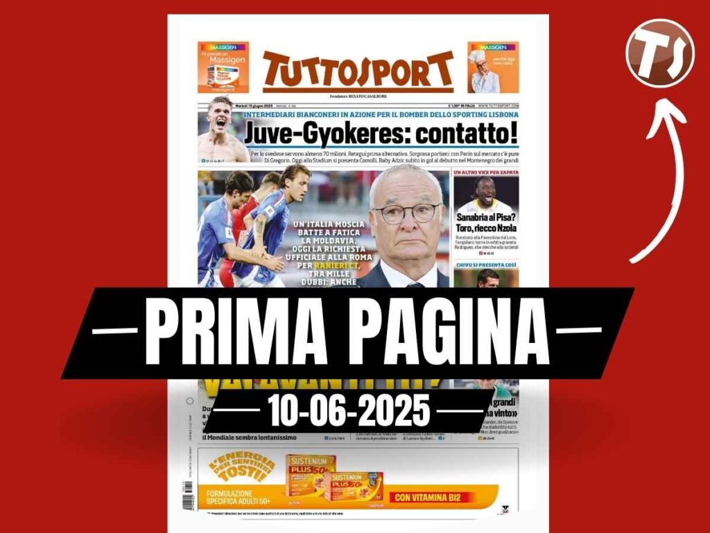 Prima pagina Tuttosport: "Italia moscia. Ranieri, vai avanti tu?"
