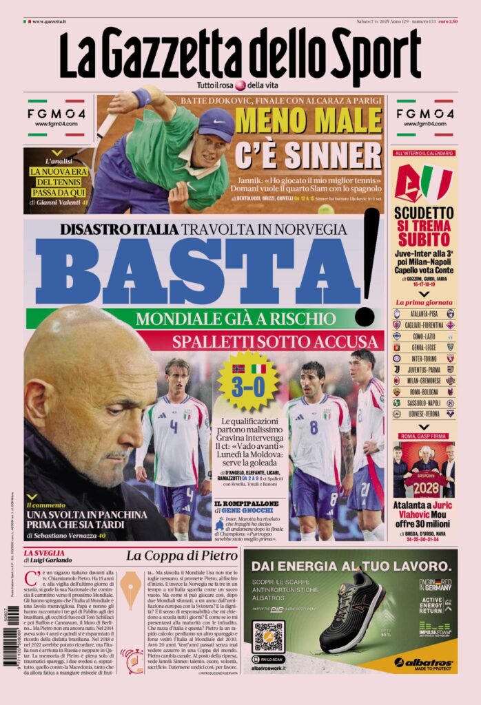 Prima Pagina Gazzetta dello Sport 7 giugno