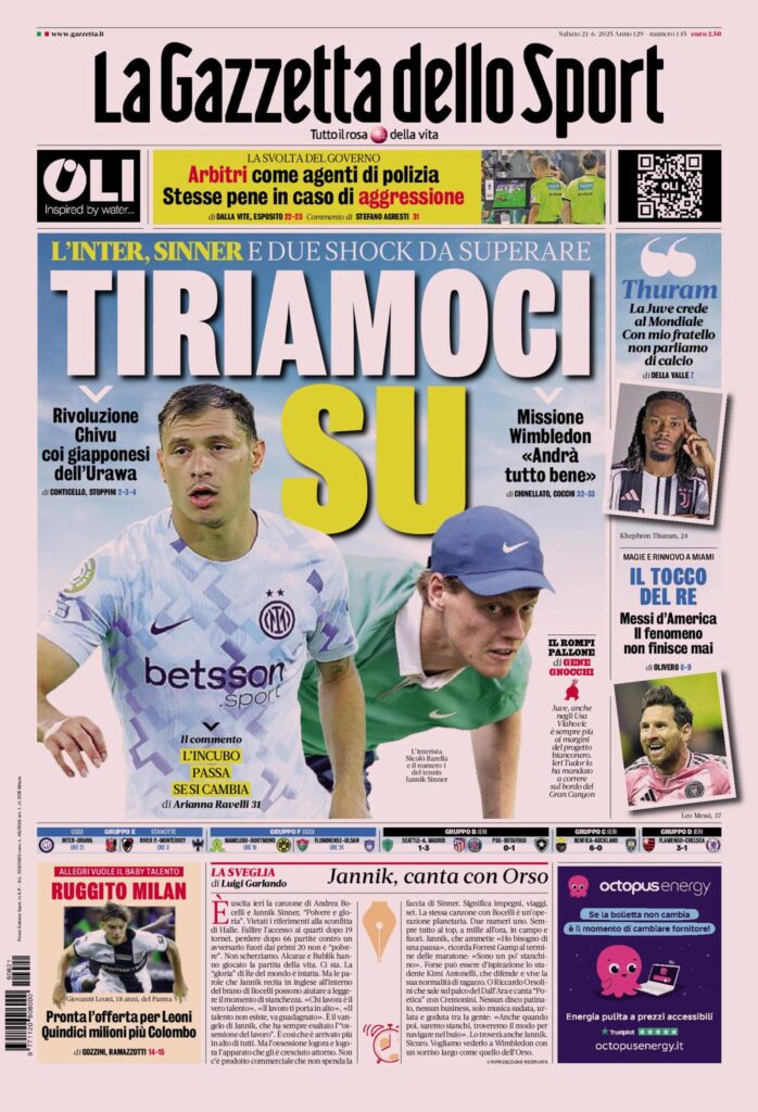 Prima Pagina Gazzetta dello Sport 21 giugno