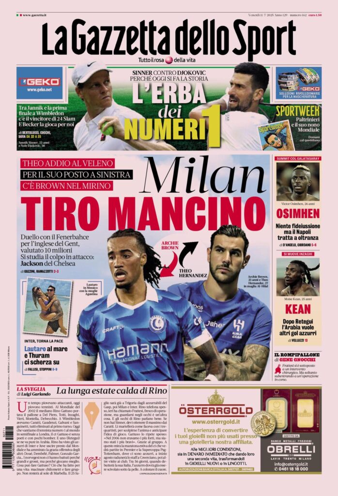 Prima Pagina Gazzetta dello Sport 11 luglio