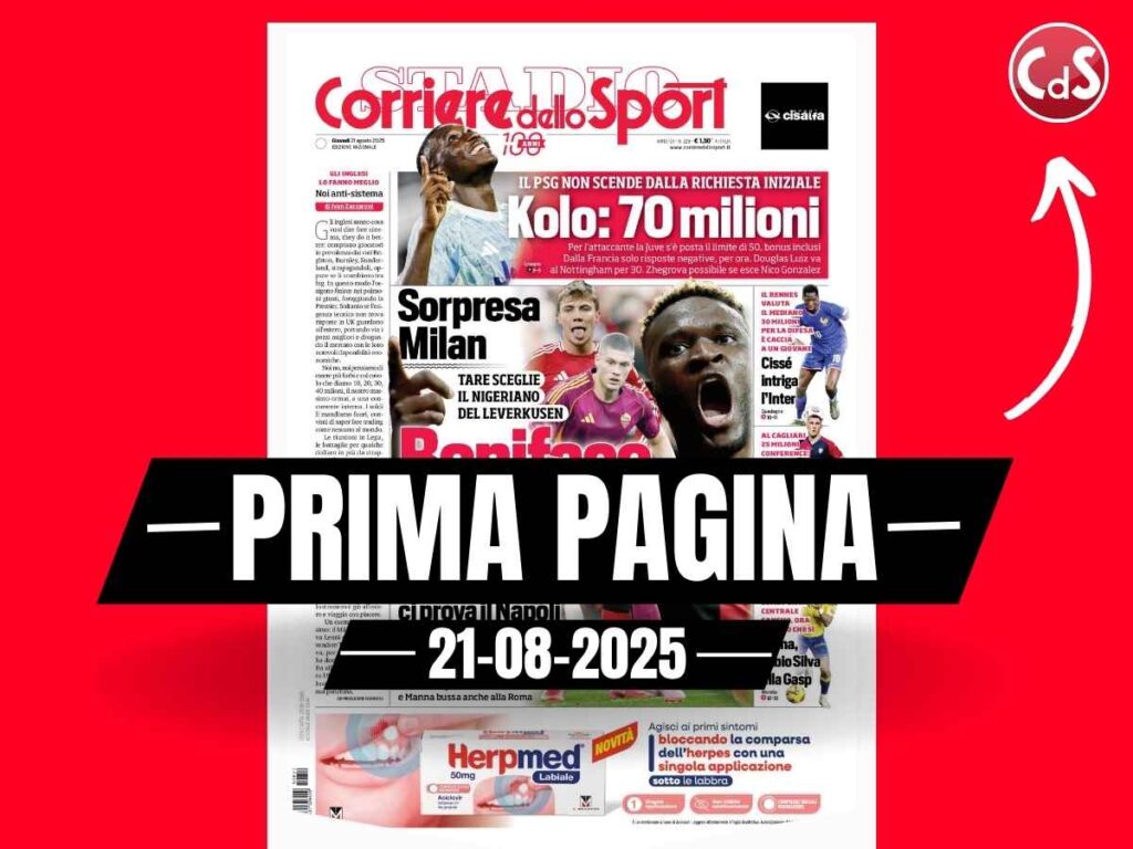 Prima pagina Corriere dello Sport: "Sorpresa Milan, Tare sceglie Boniface"
