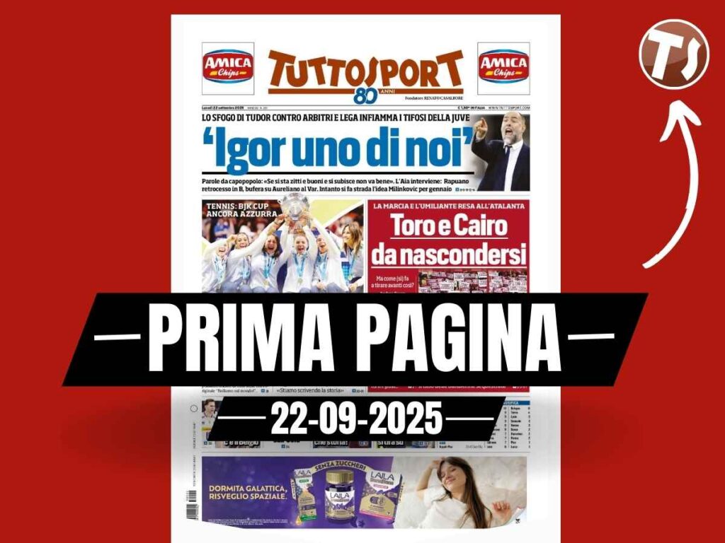 Prima pagina Tuttosport: "Tifosi Juve: 'Tudor uno di noi'. Torino e Cairo da nascondersi"