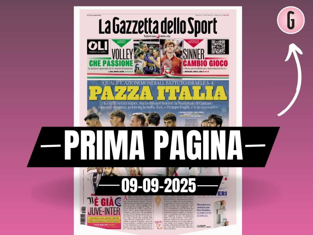 Prima pagina Gazzetta dello Sport: "Pazza Italia, Israele battuto 5-4"