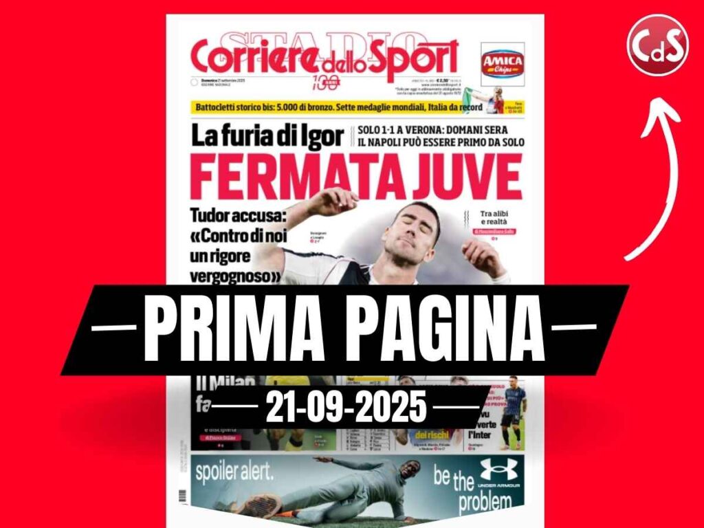 Prima pagina Corriere dello Sport: Allegri vince 3-0 a Udine. Il Milan fa paura