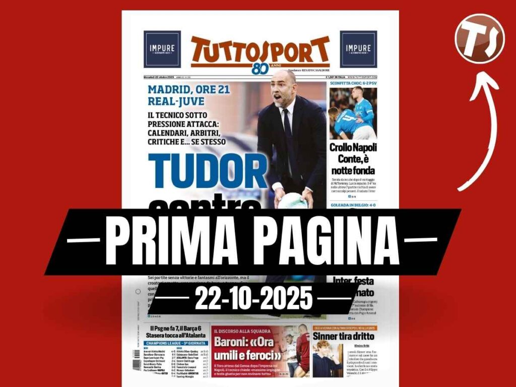 Prima pagina Tuttosport: "Real Madrid-Juventus, Tudor sotto pressione contro tutti"