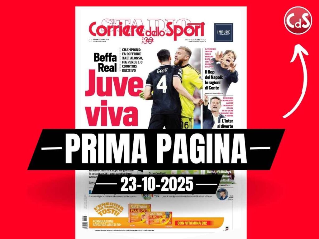 Prima pagina Corriere dello Sport: "Juventus viva: Vlahovic spreca, Bellingham non perdona"
