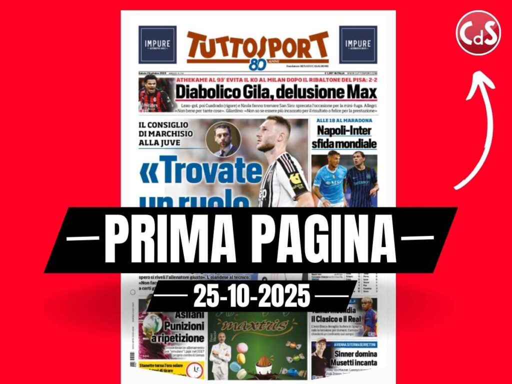 Prima pagina Corriere dello Sport: "Milan-Pisa 2-2. Max sbatte il muso"