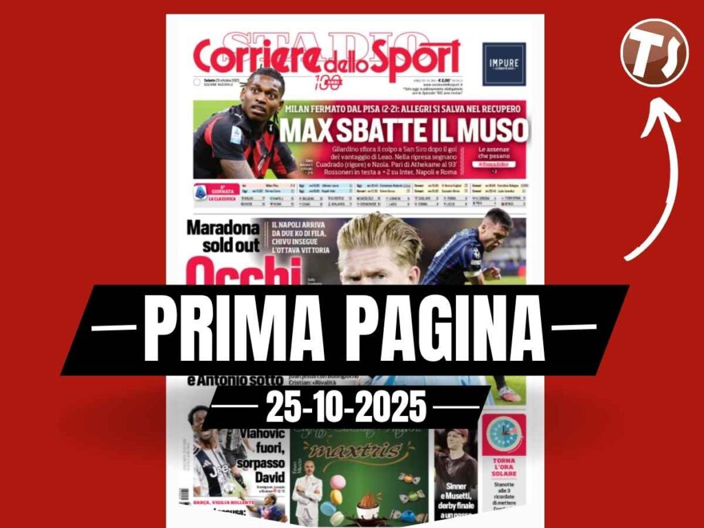 Prima pagina Tuttosport: "Milan-Pisa 2-2, diabolico Gila, delusione Max"