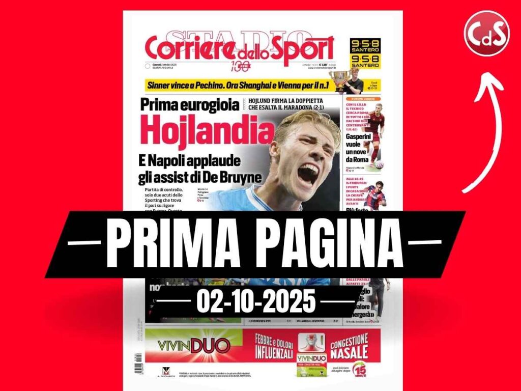 Prima pagina Corriere dello Sport: "Hojlandia. E Napoli applaude gli assist di De Bruyne"