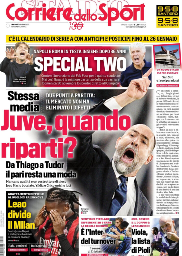 Prima Pagina Corriere dello sport 07-10-2025