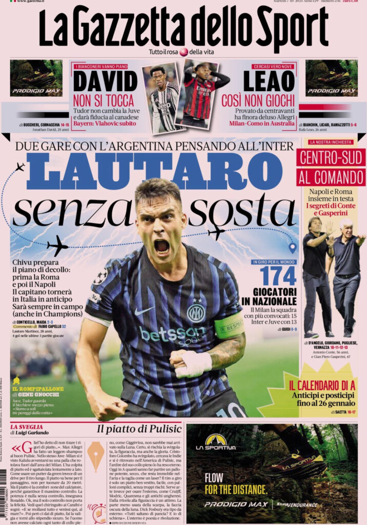 Prima Pagina Gazzetta dello sport 07-10-2025