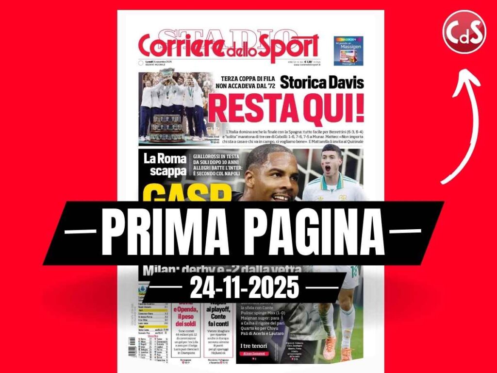 Prima pagina Corriere dello Sport: "Milan, derby e - 2 dalla vetta. Pulisic spinge Max"