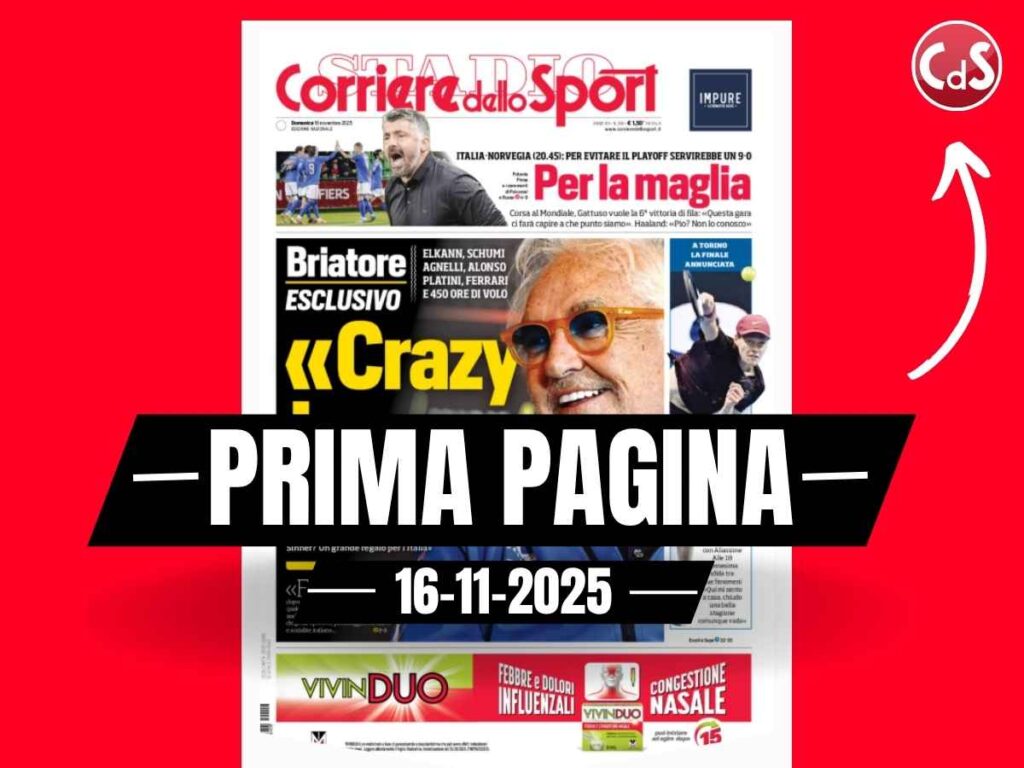 Prima pagina Corriere dello Sport: "Sinner e Alcaraz, atto Finals"