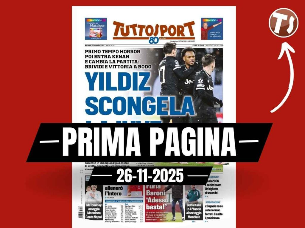 Prima pagina Tuttosport: "Yildiz scongela la Juve: primo tempo horror, poi entra e cambia la partita"