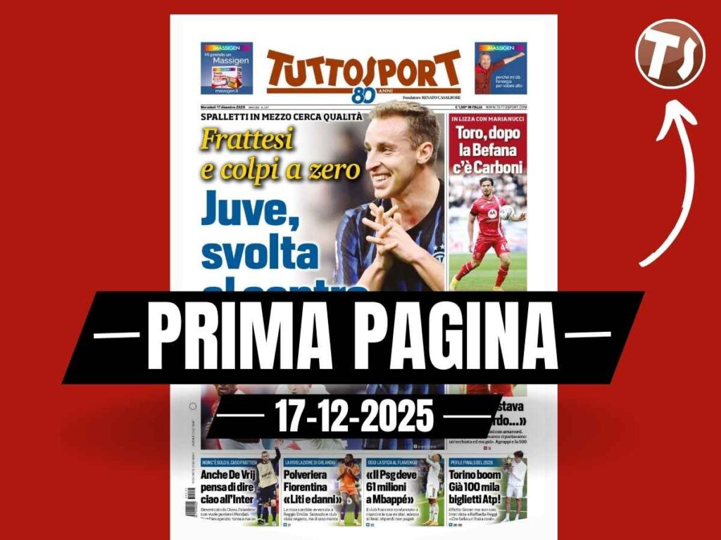 Prima pagina Tuttosport: "Juve, svolta al centro: Frattesi e colpi a zero. Sabato la Roma"