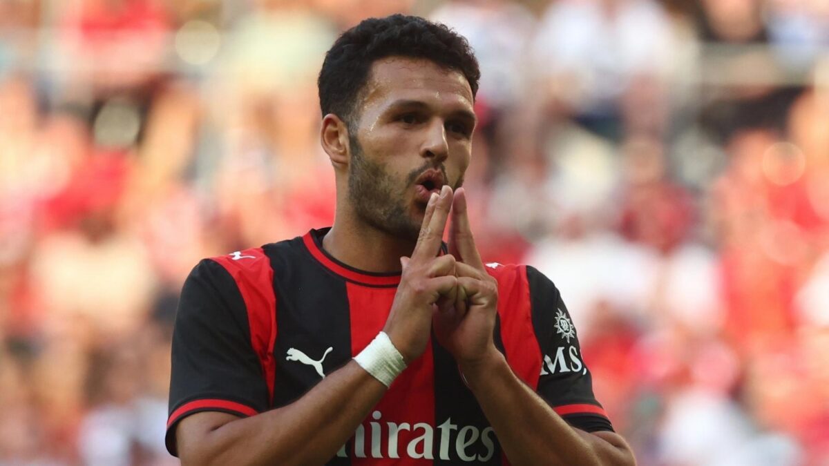 Gonçalo Ramos, attaccante AC Milan, esulta per il gol segnato in amichevole a Breslavia contro il Manchester United