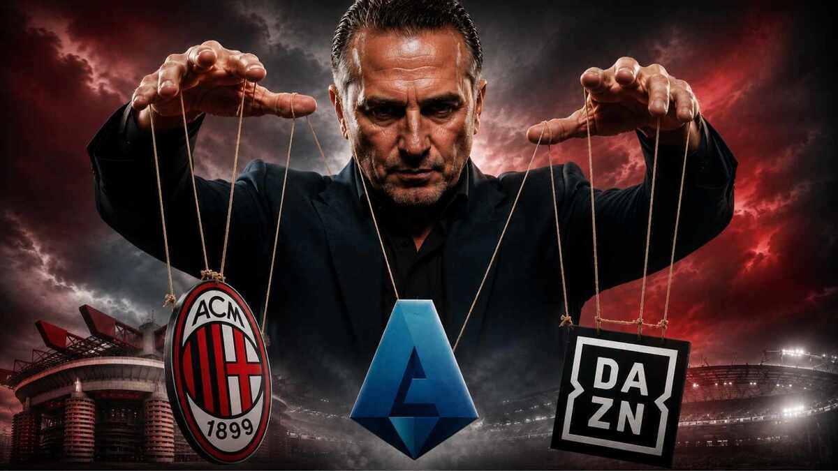ustrazione concettuale di Gerry Cardinale che muove come marionette i simboli di Milan, DAZN e Serie A.