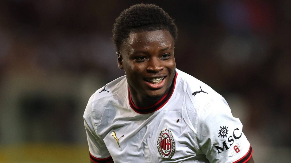 Alphadjo Cissè, centrocampista AC Milan, esulta per il suo gol in Torino-Milan 1-2 (Serie A 2026-2027)