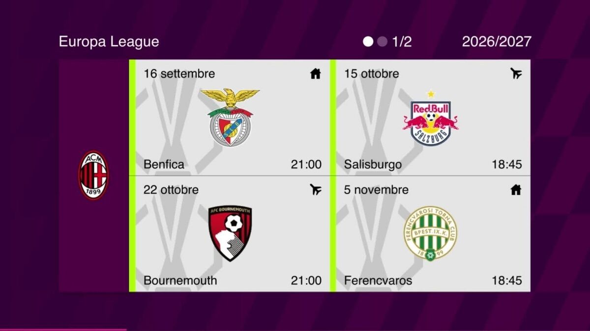 Il calendario del Milan nella League Phase dell'Europa League 2026-2027