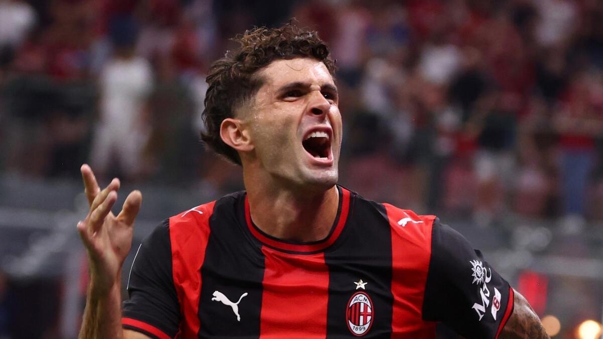 Christian Pulisic (attaccante AC Milan) esulta per il suo gol in Milan-Lecce 3-0 (Serie A 2026-2027)