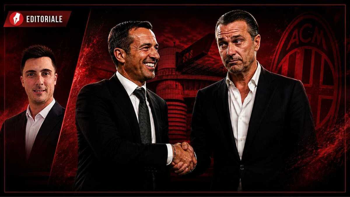 Gerry Cardinale e Jorge Mendes si stringono la mano con lo sfondo di San Siro e lo stemma del Milan, illustrazione per l'editoriale di PianetaMilan.
