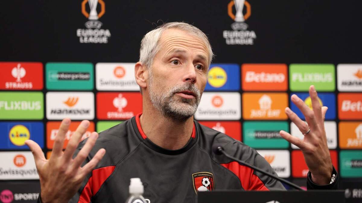 Marco Rose (manager Bournemouth) durante una conferenza stampa di una partita di Europa League