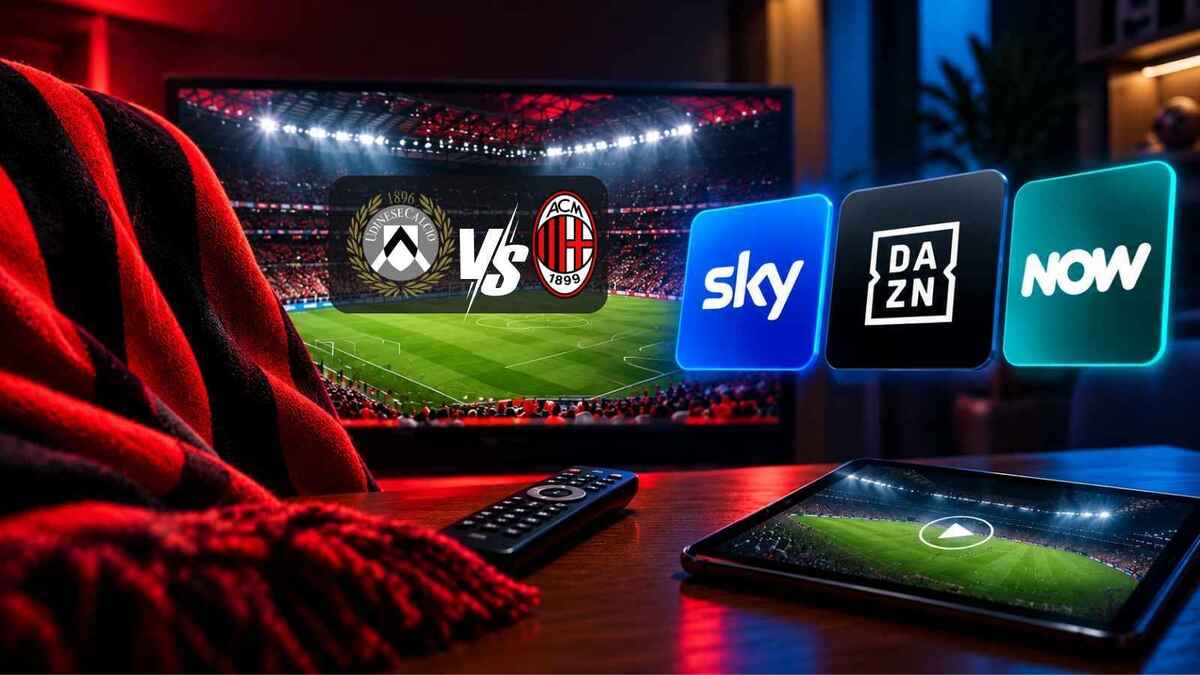 Grafica informativa per sapere dove vedere il Milan in tv oggi. I rossoneri affronteranno l'Udinese nell'8a giornata di Serie A. Nell'immagine il logo dei canali TV: Sky, DAZN e Now